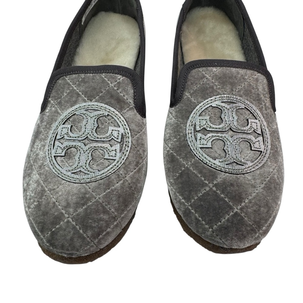 Tory Burch Billy Quilted Slipper Smart Velvet Metallic TB Logo Grey Pewter 7 - Picture 2 of 7